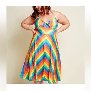 ModCloth Rainbow Stripe Halter Dress Knot Keyhole Detail Summer Festival